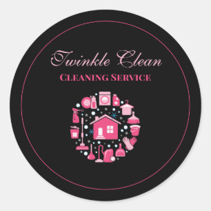 Cute Pink Black Supplies Cleaning Service Business Classic Round Sticker