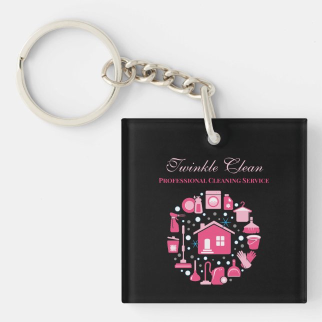 Cute Pink Black Supplies Cleaning Service Business Key Ring (Front)