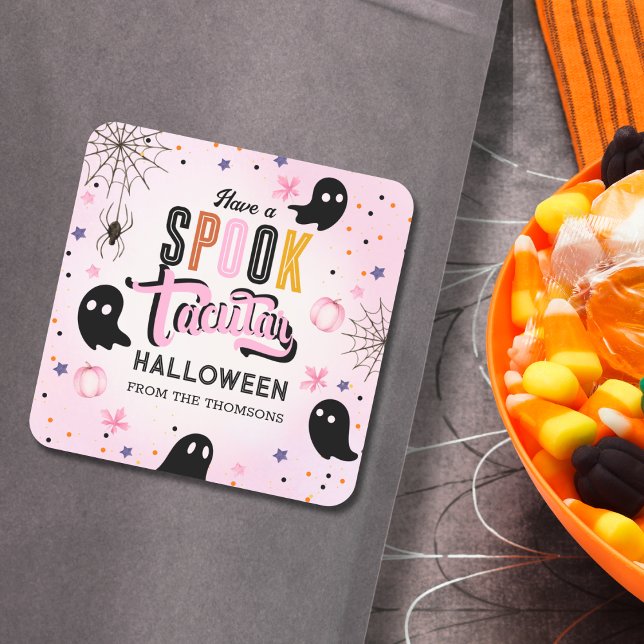 Cute Pink Black Sweet Spooky Halloween Ghost  Square Sticker (Creator Uploaded)