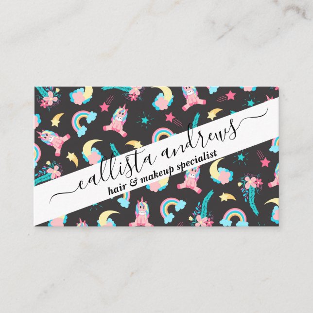 Cute Pink Black Unicorn Rainbow Floral Stars Business Card (Front)