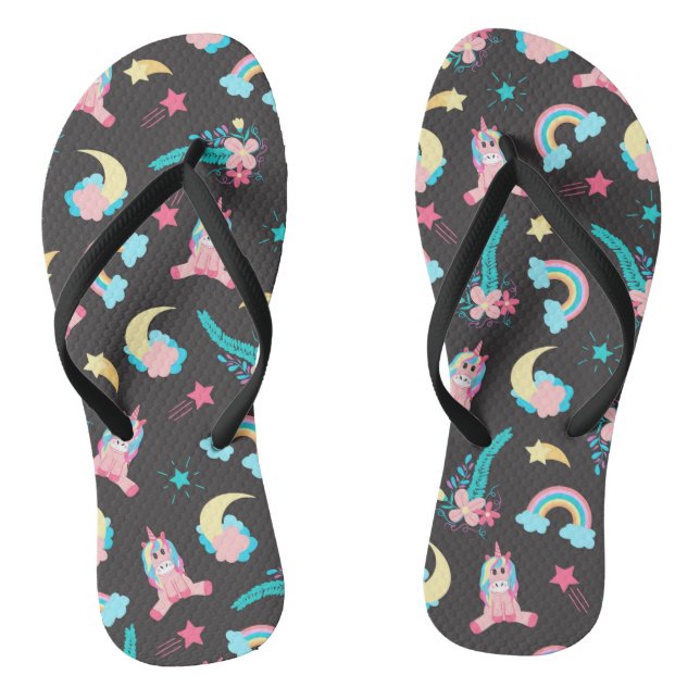 Cute Pink Black Unicorn Rainbow Floral Stars Flip Flops (Footbed)