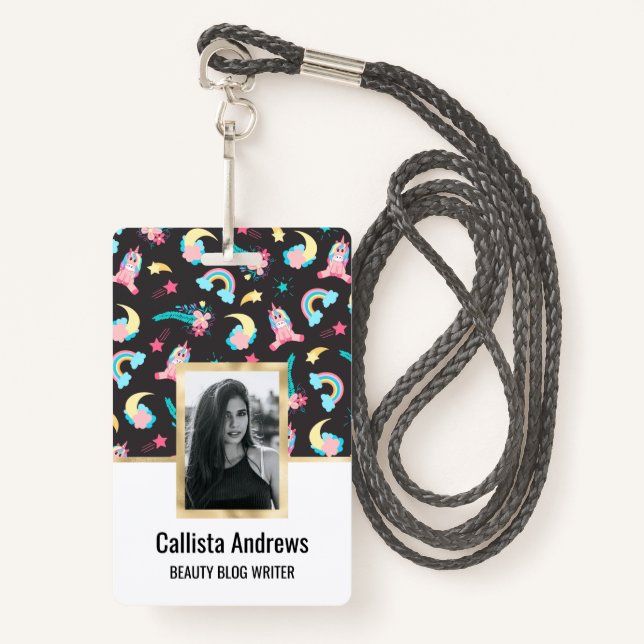 Cute Pink Black Unicorn Rainbow Floral Stars ID Badge (Front with Lanyard)