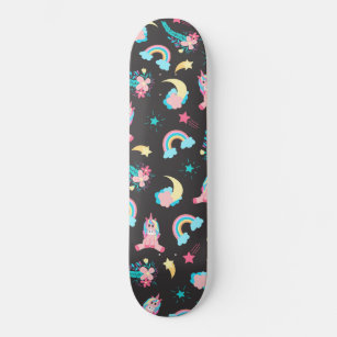 Cute Pink Black Unicorn Rainbow Floral Stars Skateboard