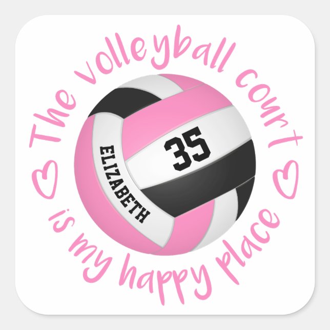 cute pink black volleyball court my happy place square sticker (Front)