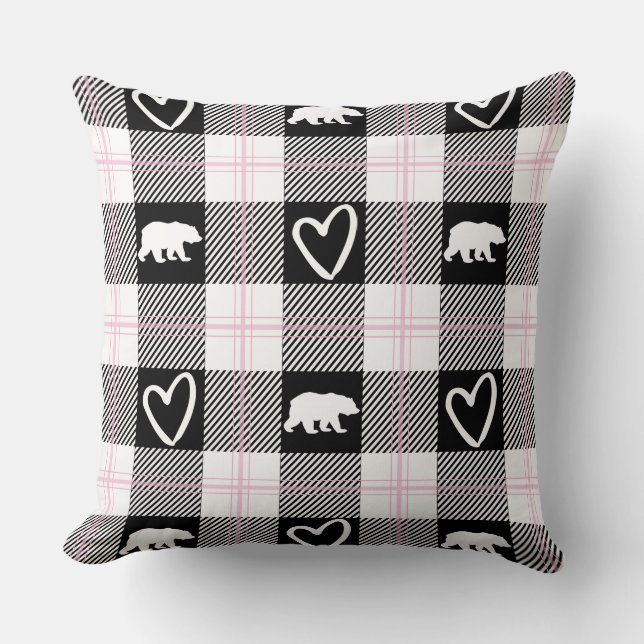 Cute Pink Black & White Bear and Heart Flannel Cushion (Front)