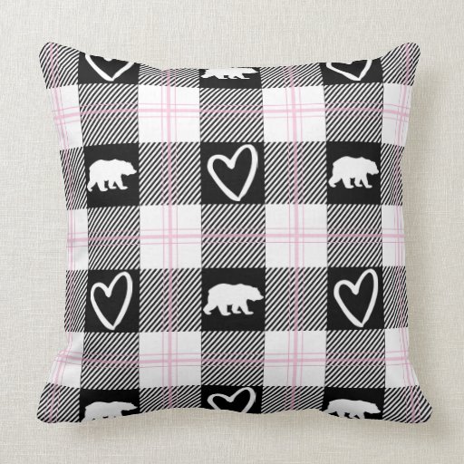 Image of Cute Pink Black & White Bear and Heart Flannel Cushion