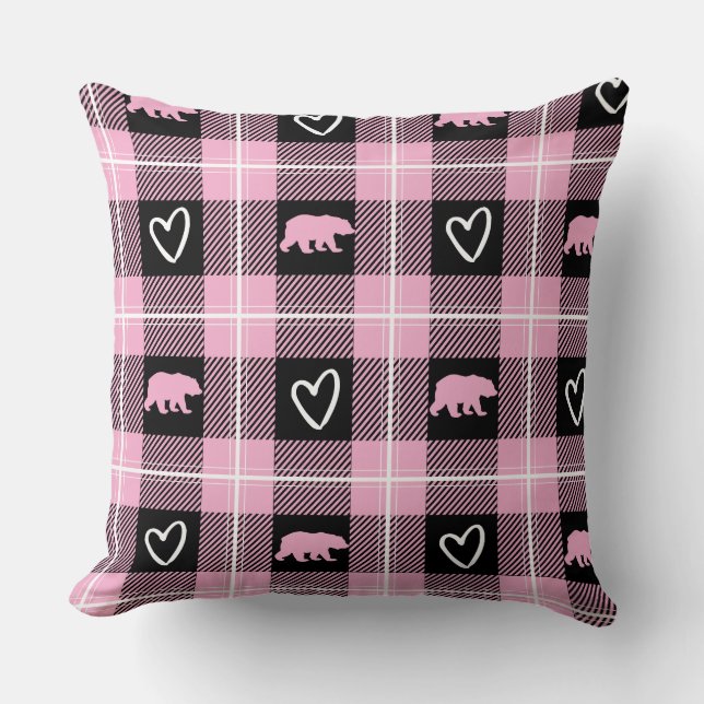 Cute Pink Black & White Bear and Heart Flannel Cushion (Front)