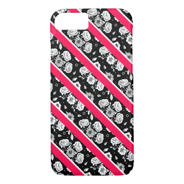 Cute pink black white flowers stripes Case-Mate iPhone case (Back)