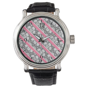 Cute pink black white flowers stripes watch