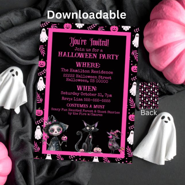 Cute Pink Black White Halloween Party Invitation (Creator Uploaded)