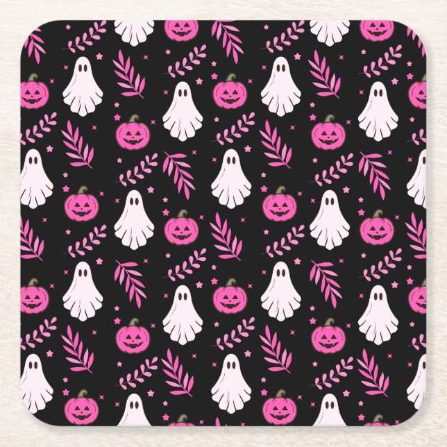 Cute Pink Black White Halloween Party Square Paper Coaster (Front)