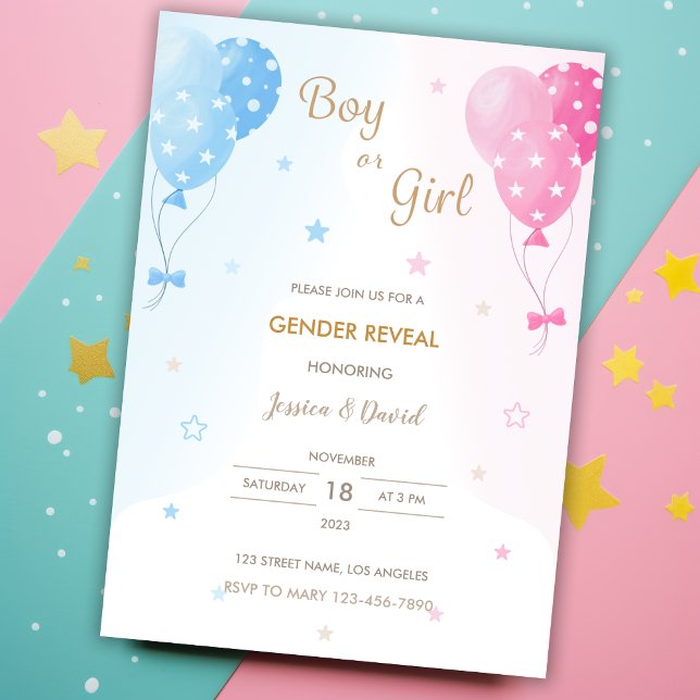 Cute Pink Blue Balloons Boy or Girl Gender Reveal Invitation (Creator Uploaded)