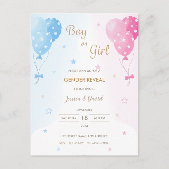 Cute Pink Blue Balloons Boy or Girl Gender Reveal Postcard (Front)