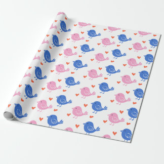 Cute Pink Blue Bird Heart Pattern Repeating Love Wrapping Paper