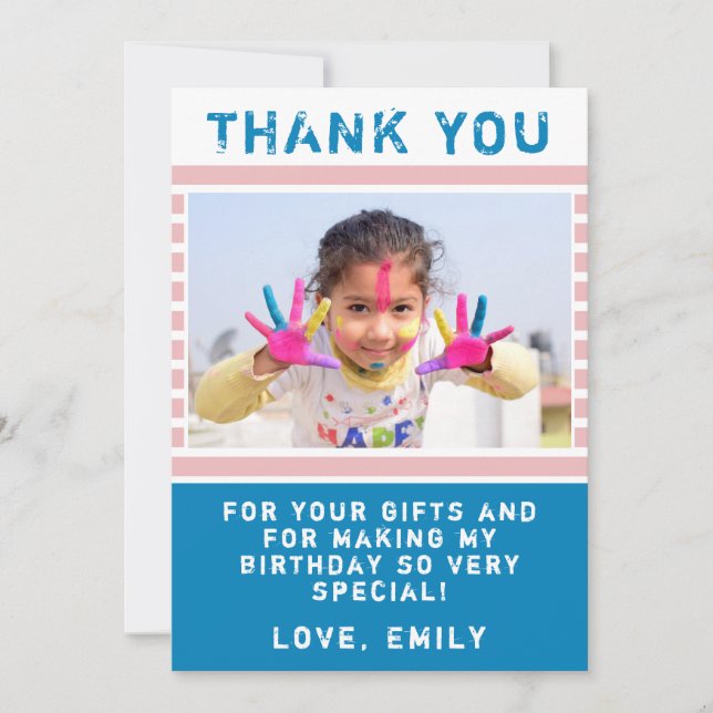 Cute Pink Blue Birthday Thank you Photo card (Front)
