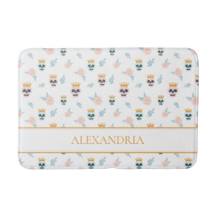 Cute Pink Blue Botanical Skull Pattern Halloween Bath Mat