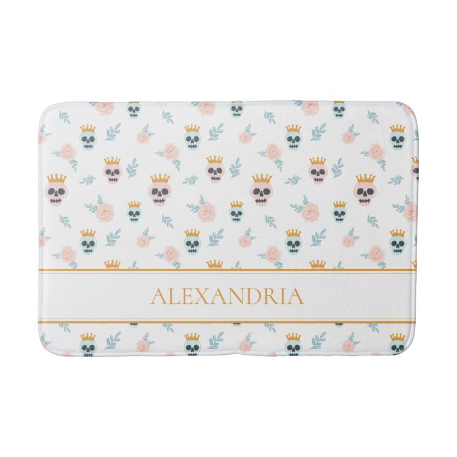 Cute Pink Blue Botanical Skull Pattern Halloween Bath Mat (Front)