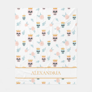 Cute Pink Blue Botanical Skull Pattern Halloween Fleece Blanket