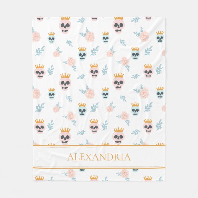 Cute Pink Blue Botanical Skull Pattern Halloween Fleece Blanket (Front)