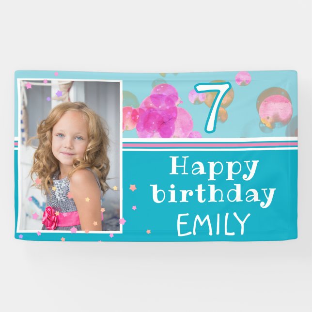Cute Pink Blue Bubbles Girly Photo Birthday Party Banner (Horizontal)