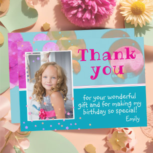 Cute Pink Blue Bubbles Girly Photo Birthday Thank You Card