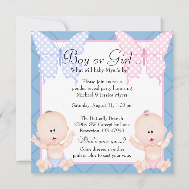 Cute Pink & Blue Butterfly Gender Reveal Invite (Front)