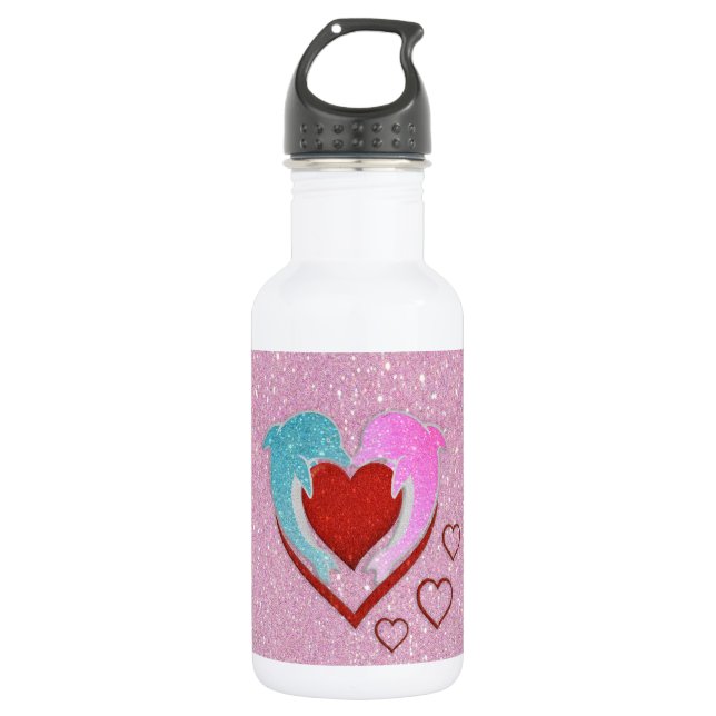 Cute pink blue dolphins holding a red heart 532 ml water bottle (Front)