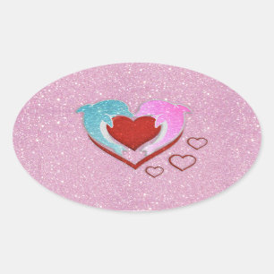 Cute pink blue dolphins holding a red heart oval sticker