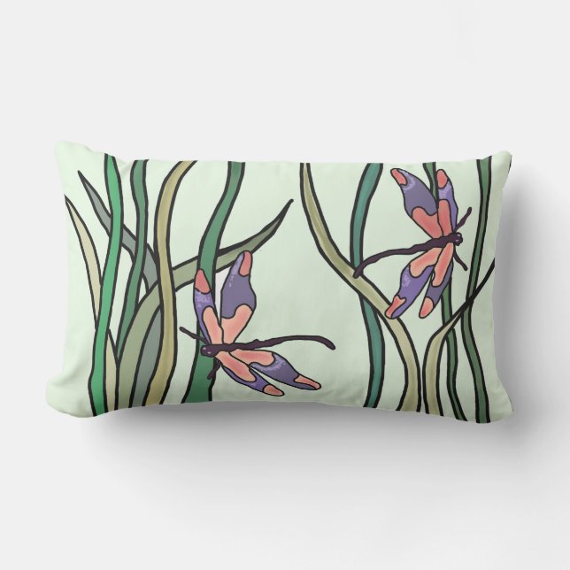 Cute Pink Blue Dragonflies and Green Leaves Lumbar Cushion (Front)