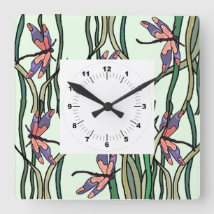 Cute Pink Blue Dragonflies and Green Leaves Square Wall Clock