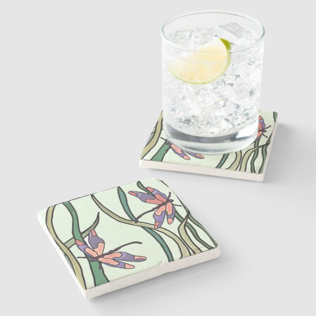 Cute Pink Blue Dragonflies and Green Leaves Stone Coaster (Side)