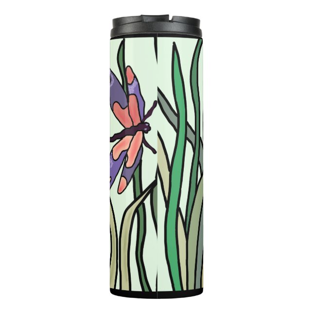 Cute Pink Blue Dragonflies and Green Leaves Thermal Tumbler (Back)