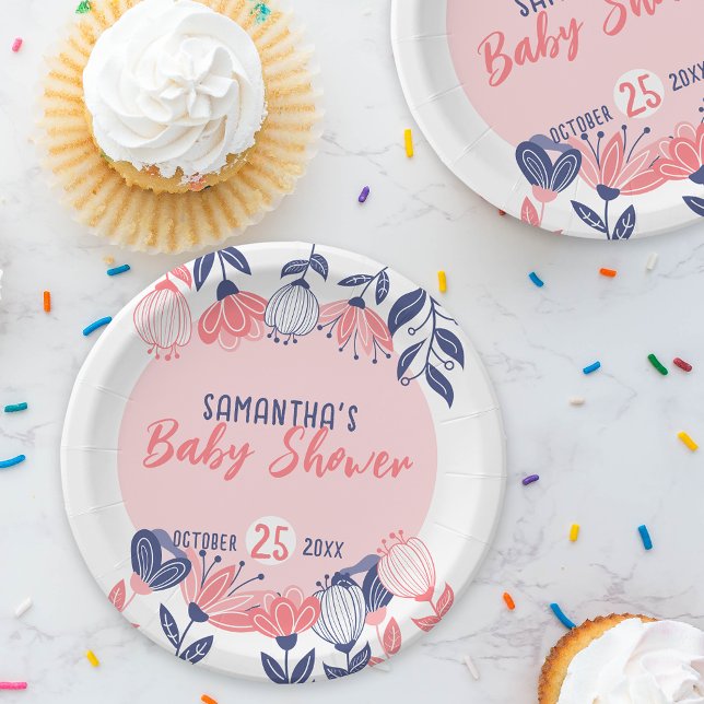 Cute Pink Blue Flowers Botanical Baby Shower Paper Plate (Creator Uploaded)