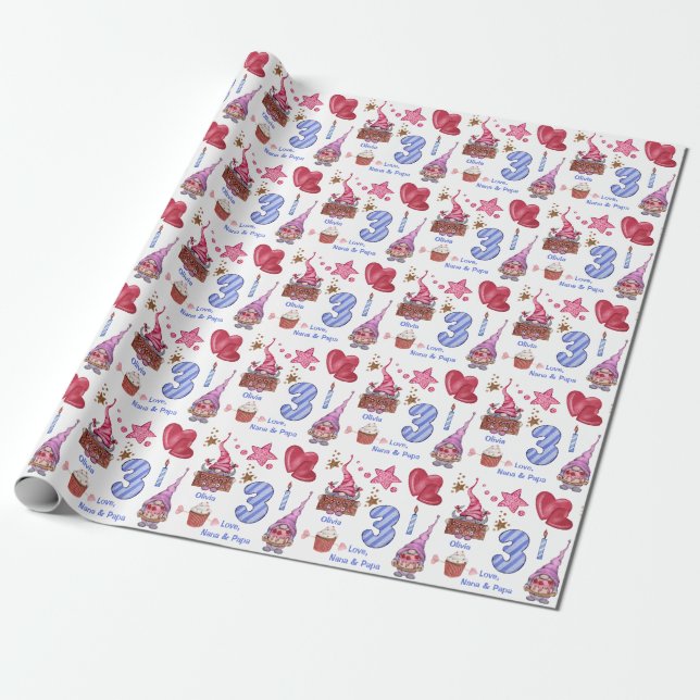 Cute Pink Blue Girl Gnome Three Year Old Birthday Wrapping Paper (Unrolled)
