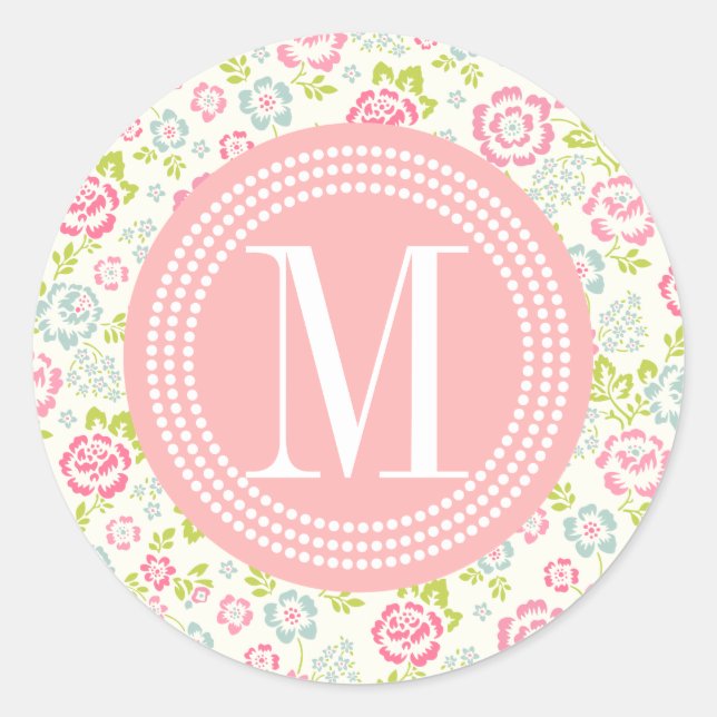 Cute Pink & Blue Girly Floral Personalised Classic Round Sticker (Front)