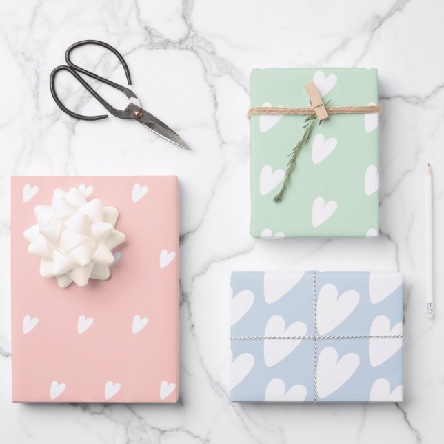 Cute Pink Blue Green Hearts Wrapping Paper Sheets (Front)