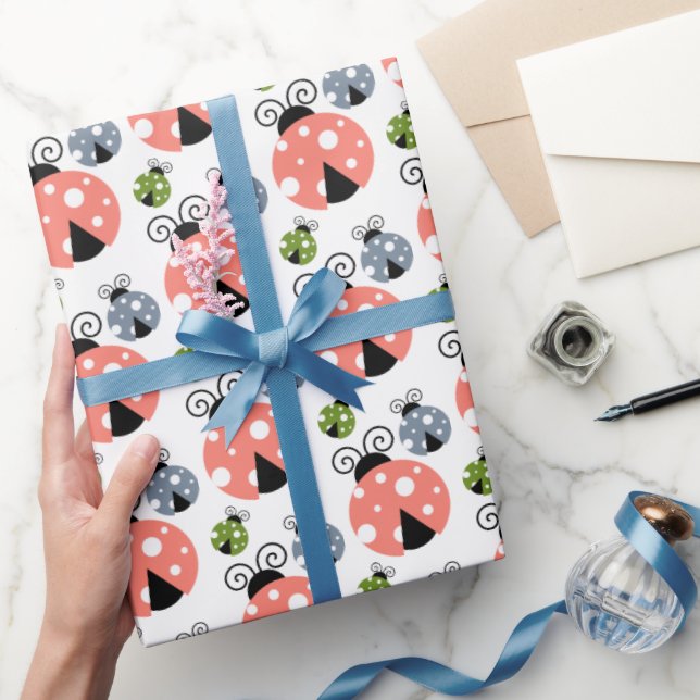 Cute Pink, Blue & Green Ladybugs Pattern Wrapping Paper (Gifting)