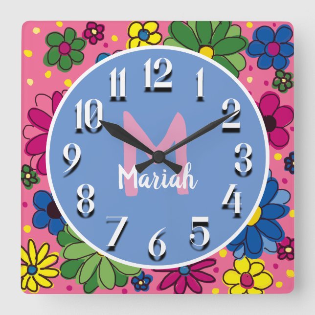 Cute Pink Blue Green Yellow Floral Monogram Square Wall Clock (Front)