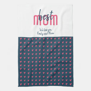 Cute Pink Blue Heart Best Mum Mother`s Day Tea Towel