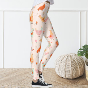 Cute Pink Blue Hen Chicken Floral Leggings