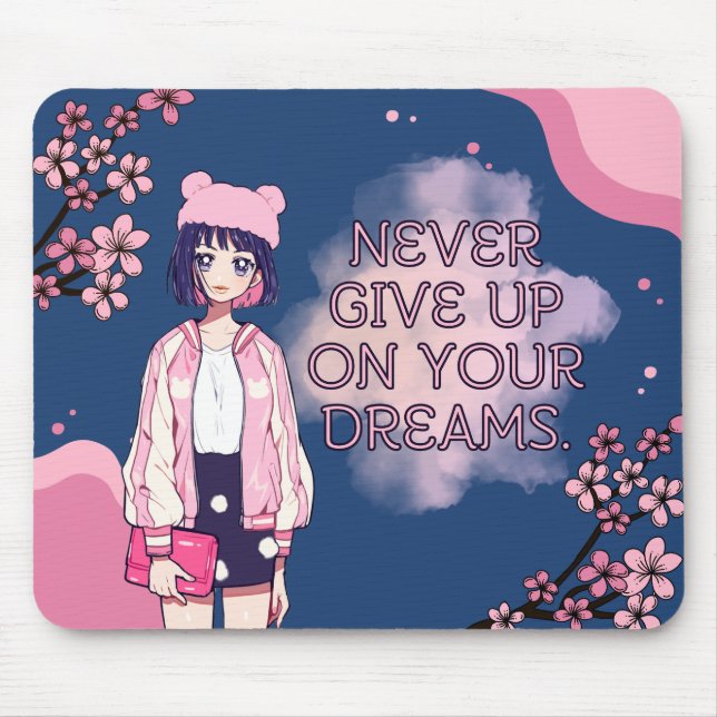 Cute Pink Blue Kawaii Anime Cherry Blossom Girly Mouse Mat (Front)