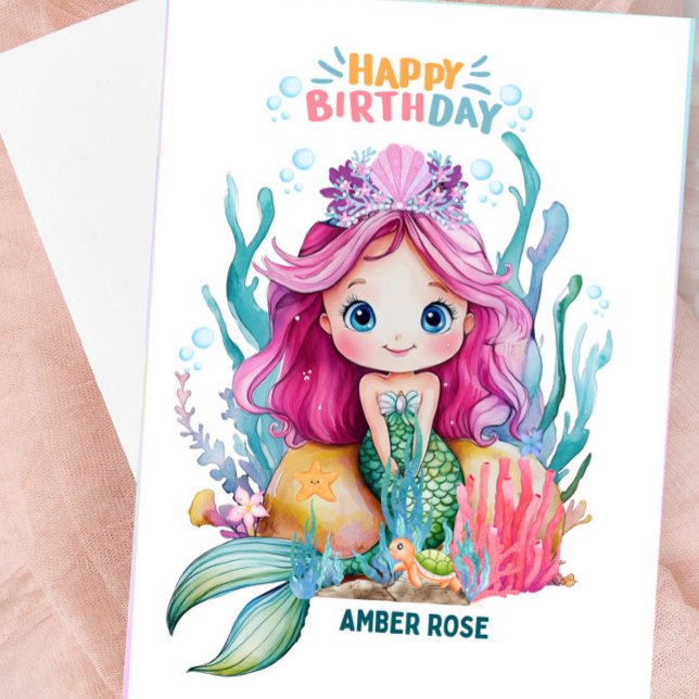 Cute Pink & Blue Mermaid Birthday Card For Girls (HAPPY BIRTHDAY - Personalized Mermaid Birthday Card)