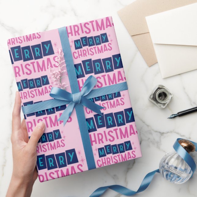 Cute Pink & Blue Merry Christmas Pattern Seamless Wrapping Paper (Gifting)