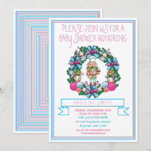 Cute Pink Blue Nutcracker Wreath Baby Shower Invitation