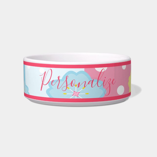 Cute Pink Blue Pastel Design Personalised Dog Cat Bowl (Front)