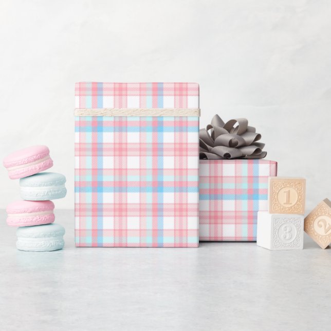 cute pink blue plaid gender reveal party  wrapping paper (Baby Shower)