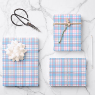 Cute pink blue plaid gender reveal party wrapping paper sheet