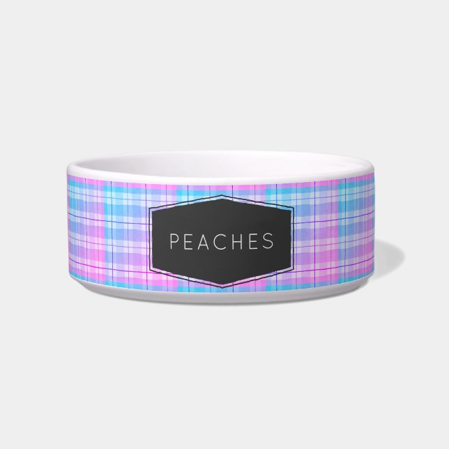 Cute Pink Blue Plaid Personalised Pet Bowl (Front)