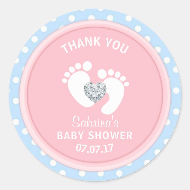 Cute Pink Blue Polka Dot Baby Shower Gender Reveal Classic Round Sticker (Front)