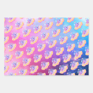 Cute Pink Blue Purple Little Girls Outer Space Wrapping Paper Sheet
